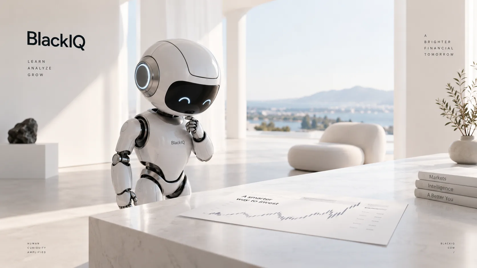 BlackIQ robot studying a printed market chart on a desk.