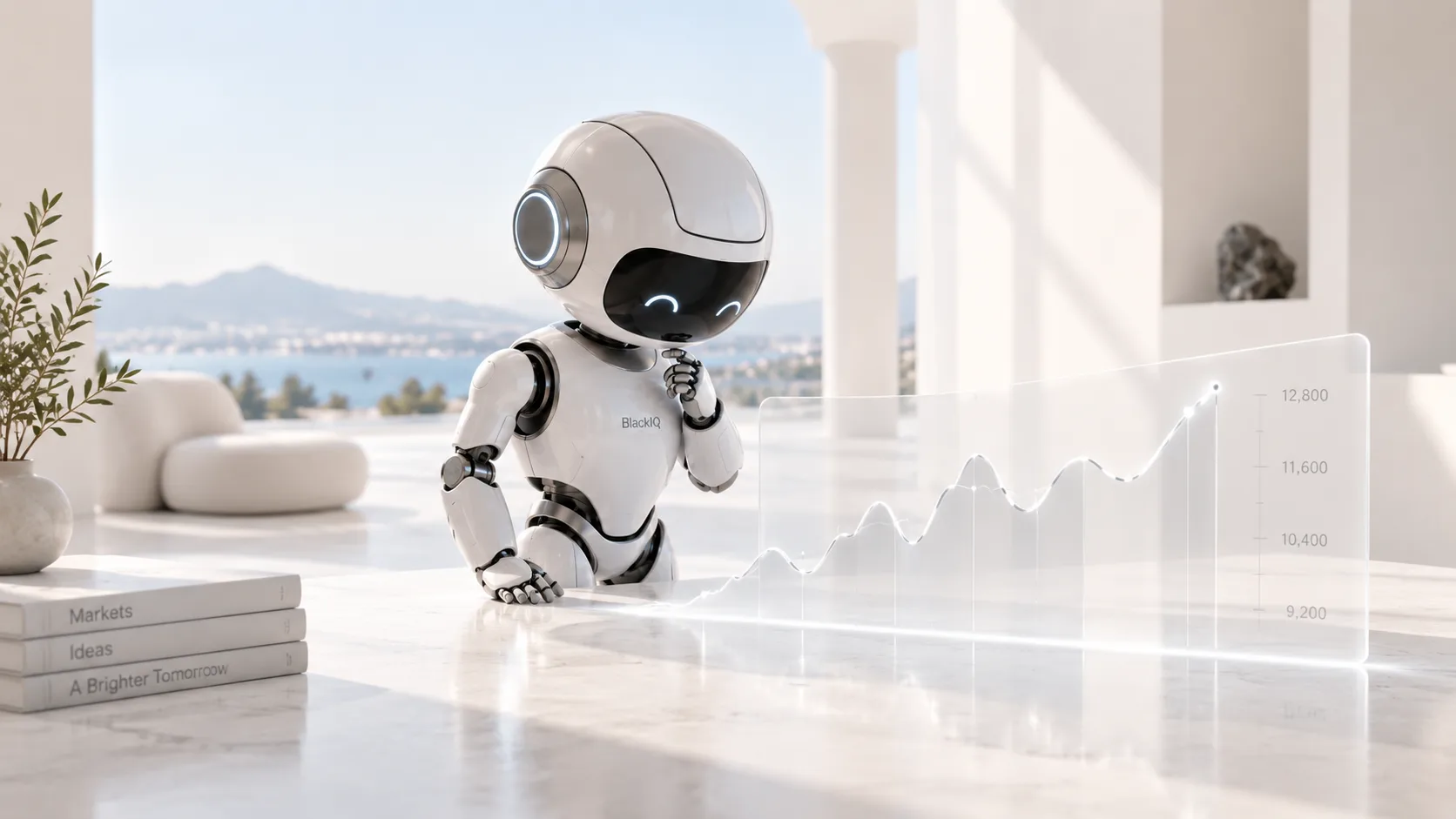 BlackIQ robot examining a market price chart on a transparent display.