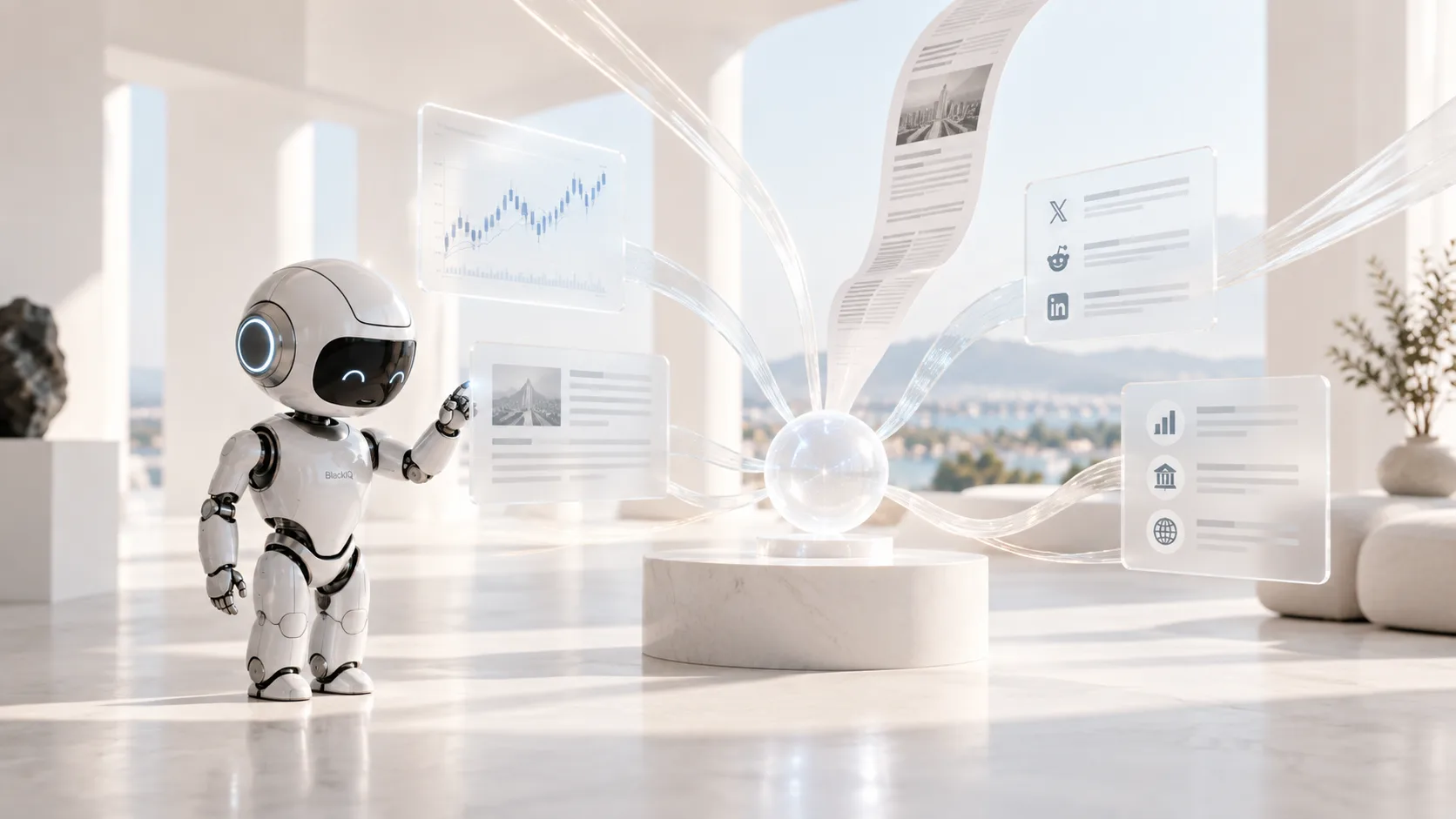 BlackIQ robot connecting market charts, news, social posts, and economic data to a central hub.