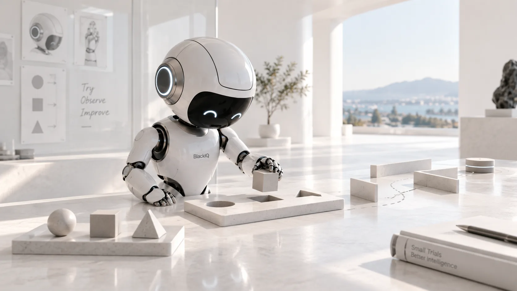 BlackIQ robot fitting a block into a shape puzzle, illustrating learning through repeated trials.