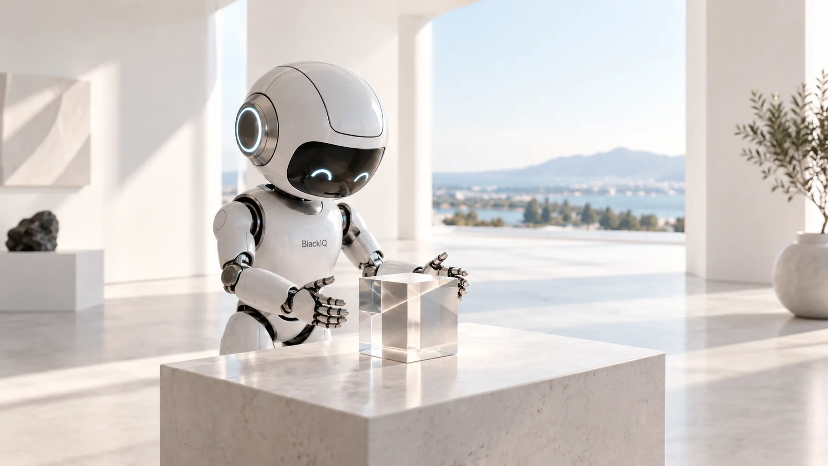 BlackIQ robot presenting a transparent cube representing a trained model.