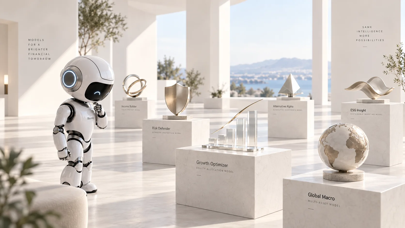 BlackIQ robot comparing models for growth, risk protection, income, and global markets.