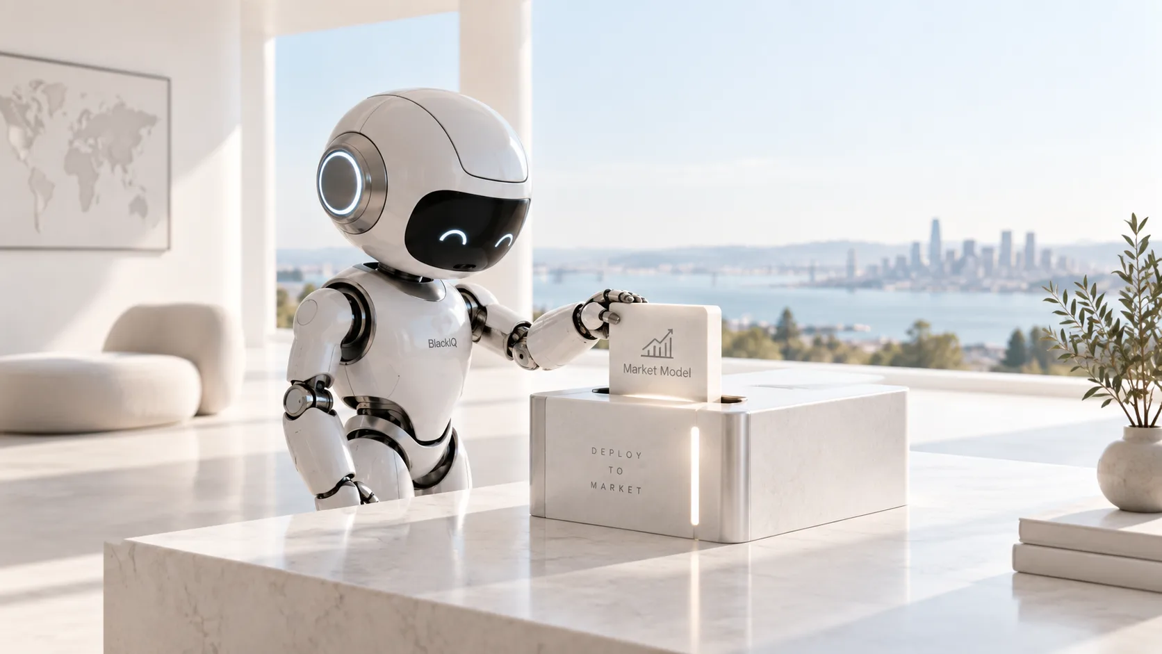 BlackIQ robot placing a Market Model card into a deployment console.